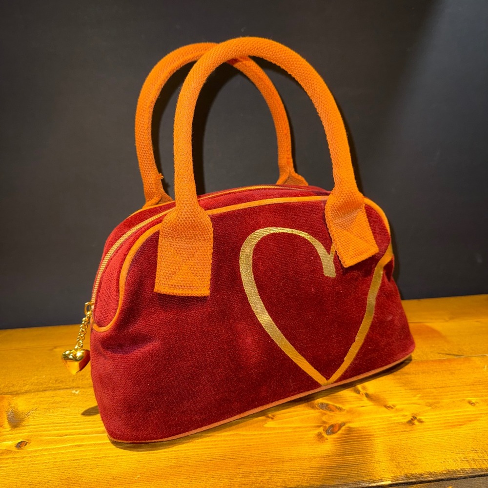 RARE Vintage Y2K Victoria's Secret Velour Heart Mini Bowler Bag Burgundy Orange